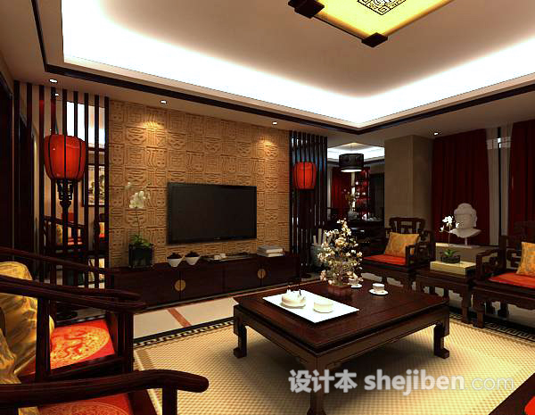 中式客厅电视墙模型