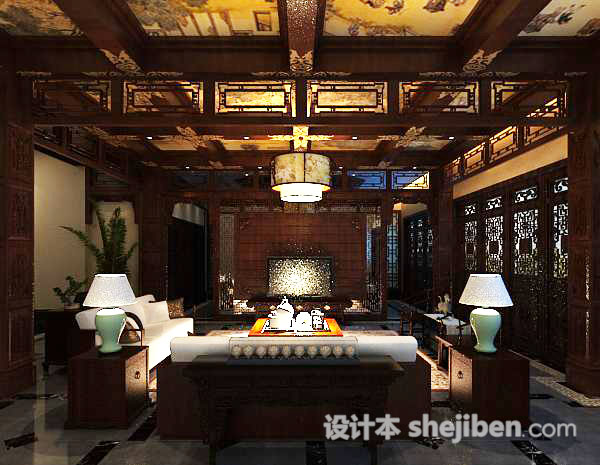 中式客厅吊顶3d模型下载