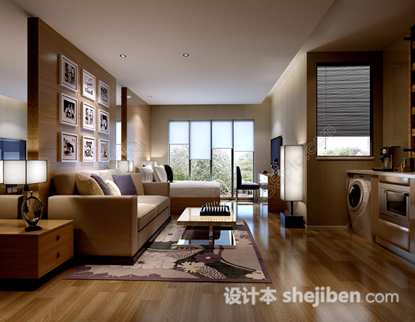 现代简约小户型客厅卧室3d模型下载