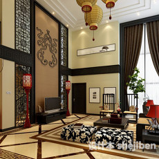 中式家装别墅客厅3d模型下载